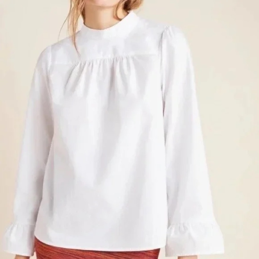 Anthropologie Maeve Aja Poplin Mock Neck Long Sleeve Blouse Top White